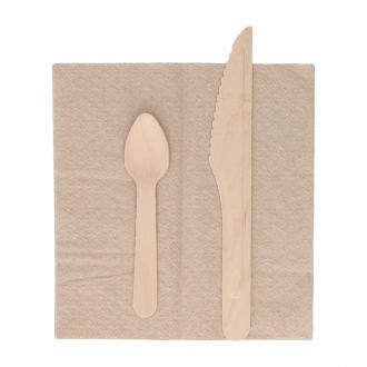 Set 3 piezas de madera: Cuchillo, cucharilla y servilleta - Kraft